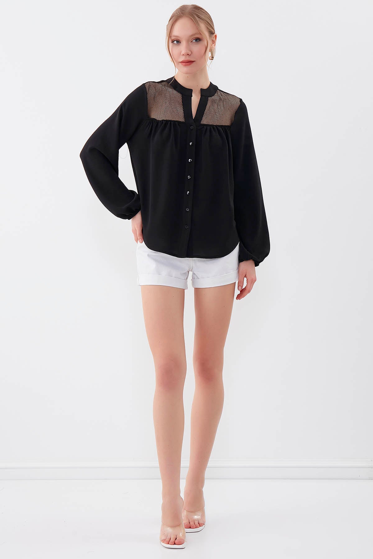 LONG SLEEVE BLOUSE WITH HONEYCOMB PATTERN