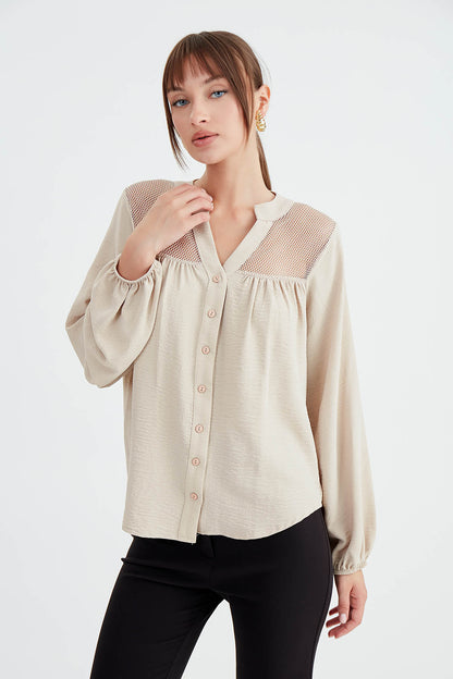 LONG SLEEVE BLOUSE WITH HONEYCOMB PATTERN