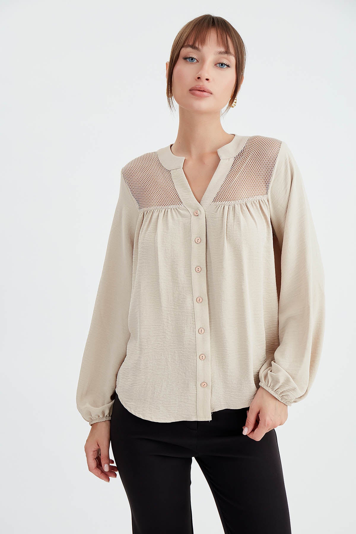 LONG SLEEVE BLOUSE WITH HONEYCOMB PATTERN