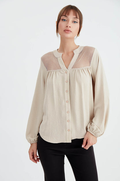 LONG SLEEVE BLOUSE WITH HONEYCOMB PATTERN
