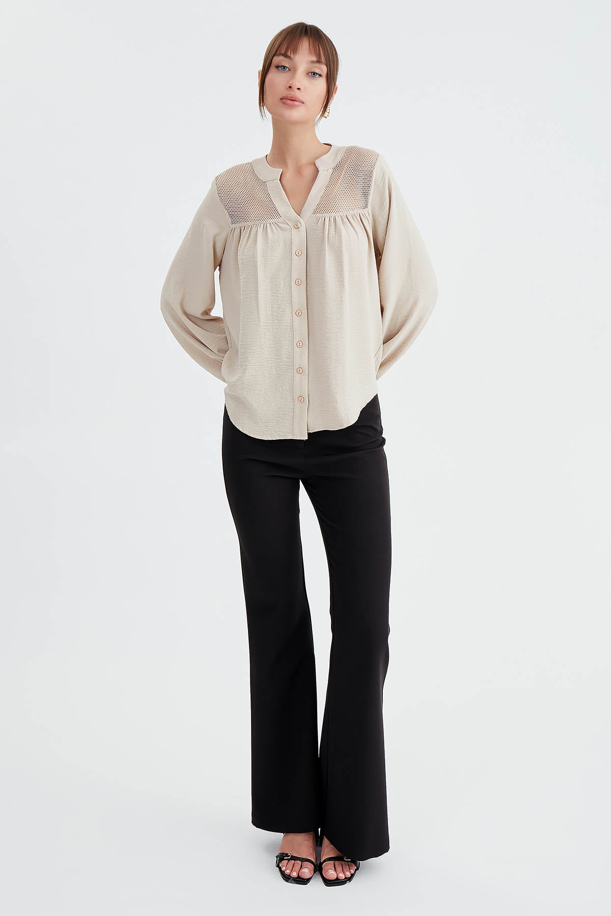 LONG SLEEVE BLOUSE WITH HONEYCOMB PATTERN