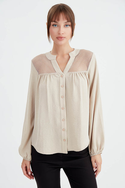 LONG SLEEVE BLOUSE WITH HONEYCOMB PATTERN