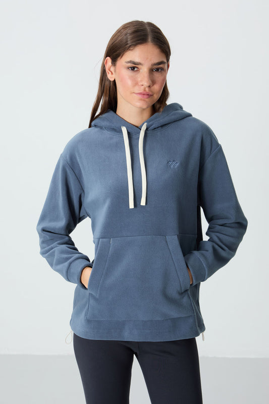 Petrol Thick Soft Textured Hooded Oversize Embroidered Fleece Women's Sweatshirt - 97292