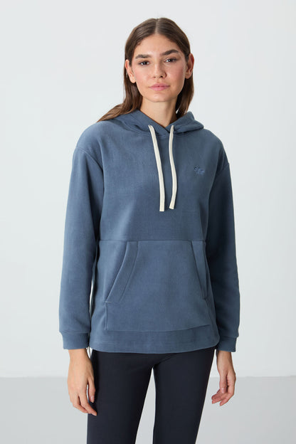 Petrol Thick Soft Textured Hooded Oversize Embroidered Fleece Women's Sweatshirt - 97292