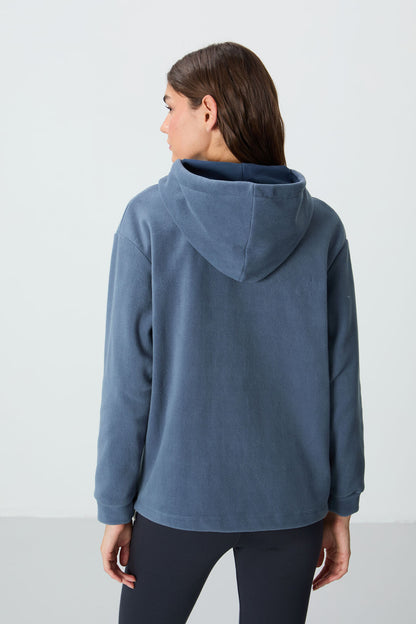 Petrol Thick Soft Textured Hooded Oversize Embroidered Fleece Women's Sweatshirt - 97292
