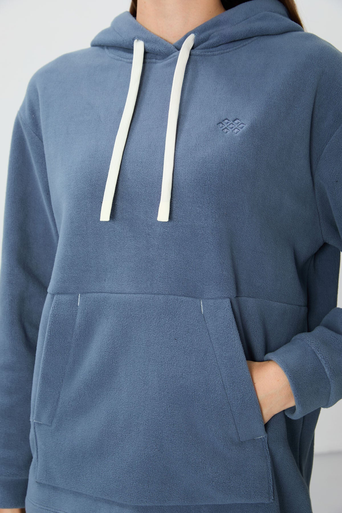 Petrol Thick Soft Textured Hooded Oversize Embroidered Fleece Women's Sweatshirt - 97292