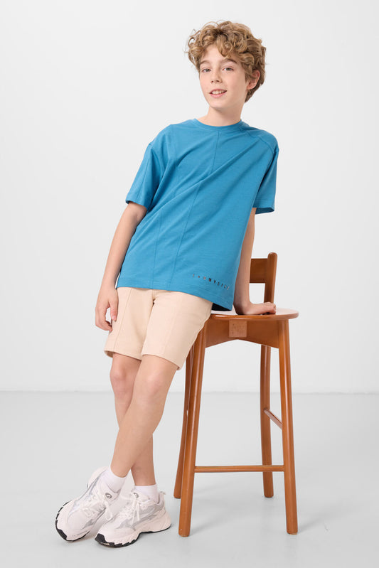 Soft Woven Oversize Basic Boys T-Shirt with Oil Blue Cotton - 11297