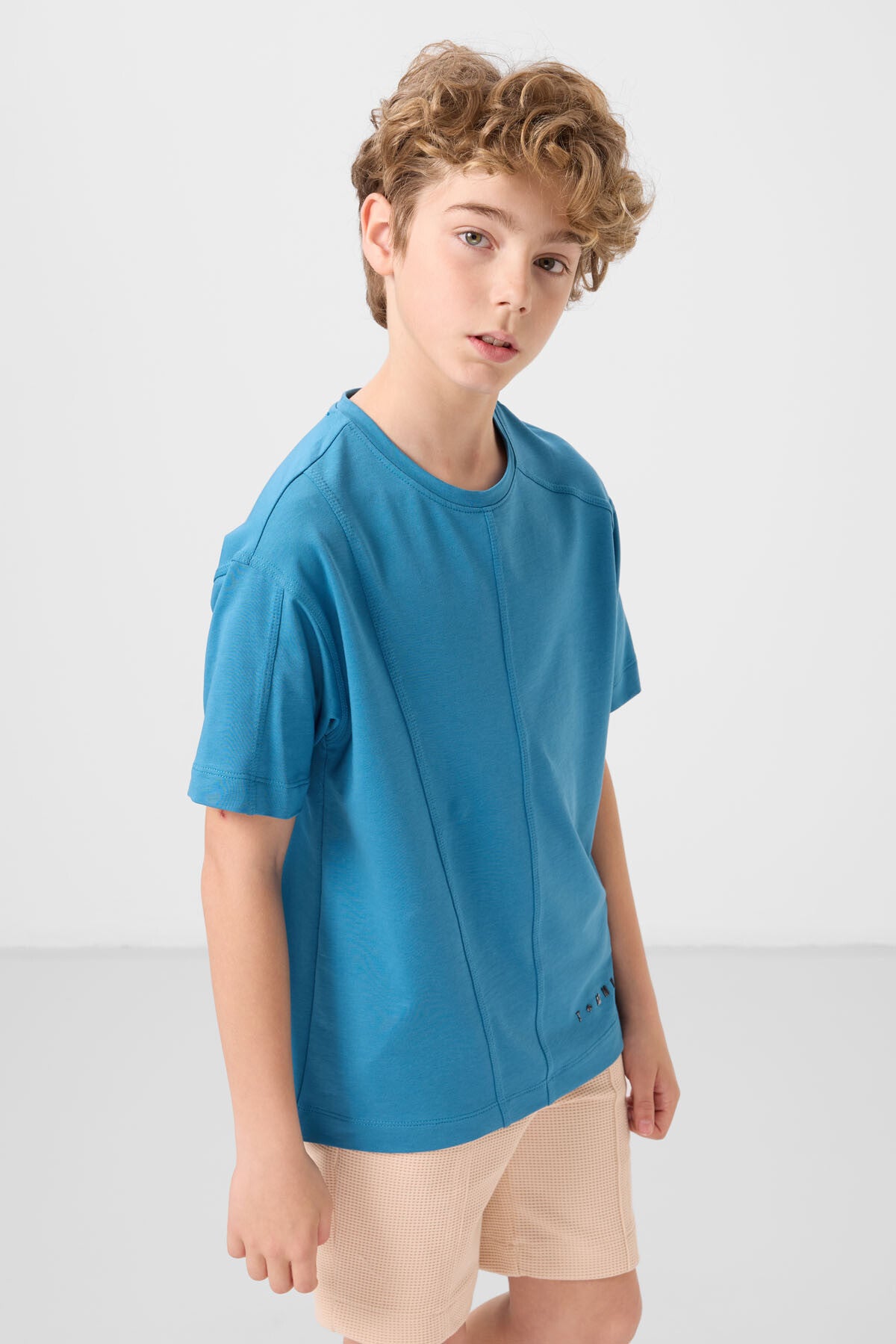 Soft Woven Oversize Basic Boys T-Shirt with Oil Blue Cotton - 11297