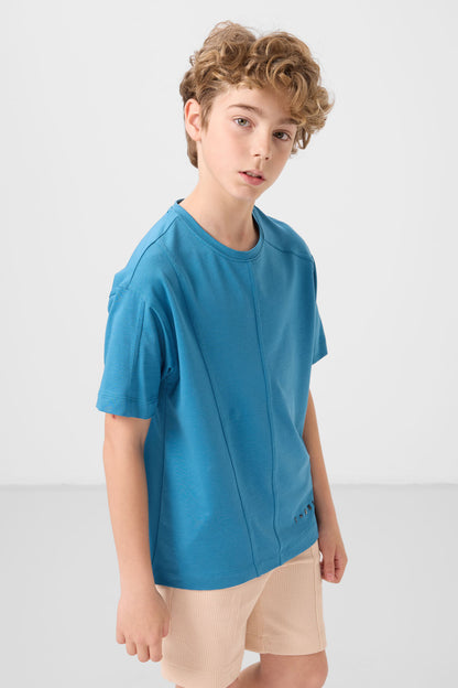 Soft Woven Oversize Basic Boys T-Shirt with Oil Blue Cotton - 11297