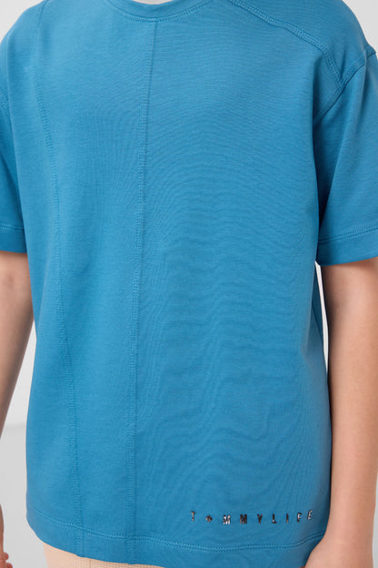 Soft Woven Oversize Basic Boys T-Shirt with Oil Blue Cotton - 11297