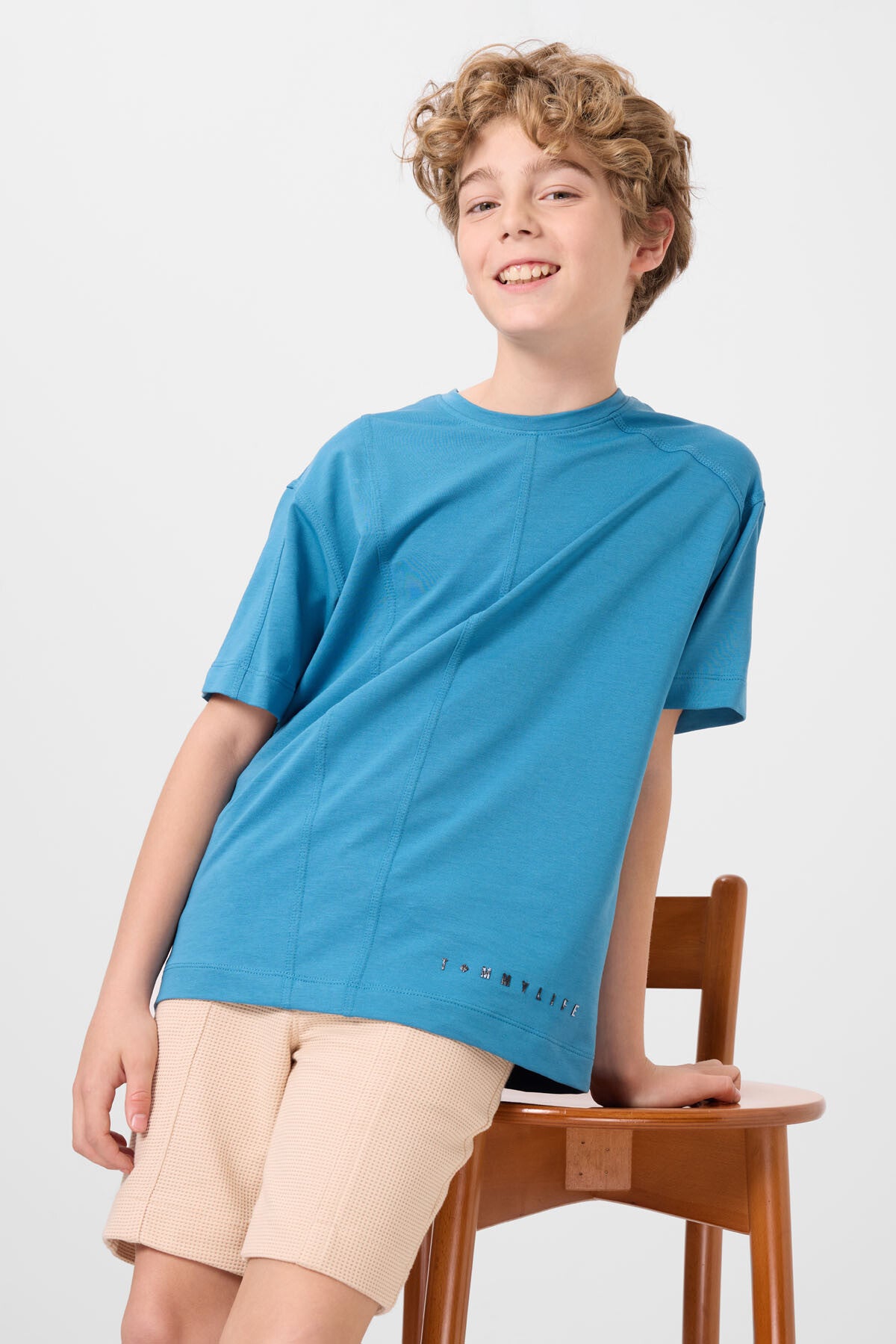 Soft Woven Oversize Basic Boys T-Shirt with Oil Blue Cotton - 11297