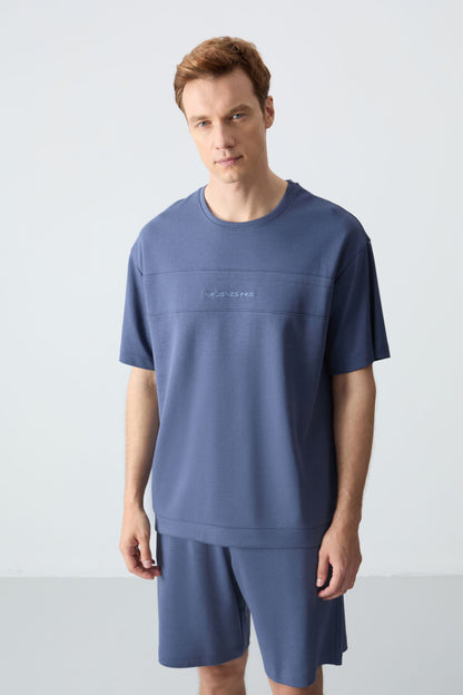 Petrol Cotton Thick Soft Textured Oversize Fit Basic Men's Shorts Set - 85257