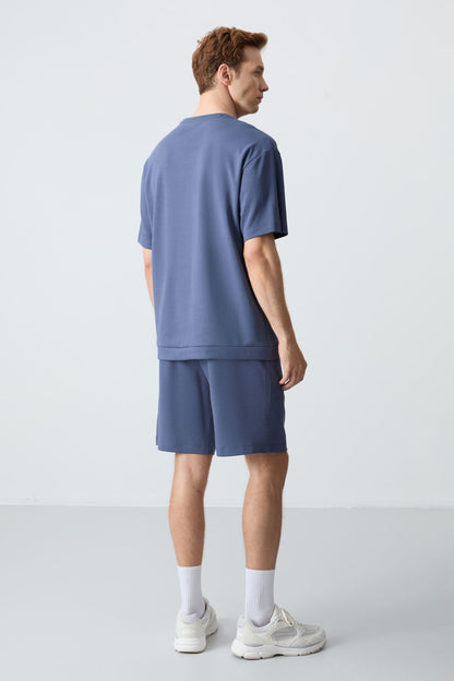 Petrol Cotton Thick Soft Textured Oversize Fit Basic Men's Shorts Set - 85257