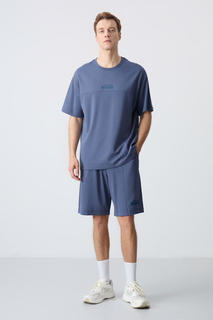 Petrol Cotton Thick Soft Textured Oversize Fit Basic Men's Shorts Set - 85259