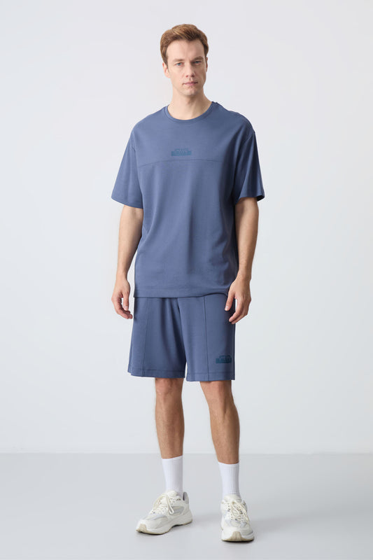 Petrol Cotton Thick Soft Textured Oversize Fit Basic Men's Shorts Set - 85259