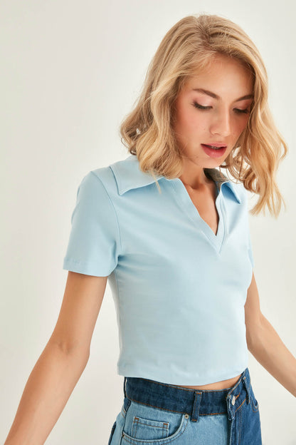 POLO COLLAR COTTON CROP T-SHIRT