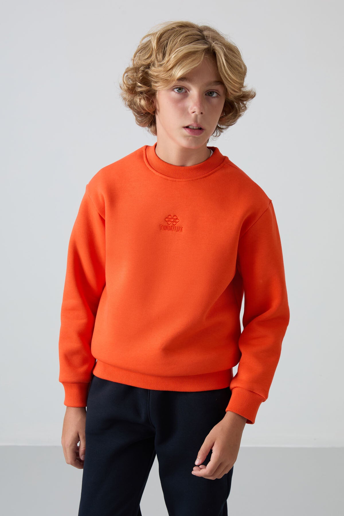 Orange Cotton Thick Fleece-Lined Soft Textured Standard Fit Embroidered Boys' Sweatshirt - 11232
