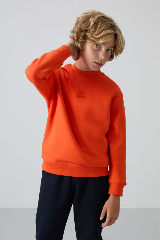 Orange Cotton Thick Fleece-Lined Soft Textured Standard Fit Embroidered Boys' Sweatshirt - 11232