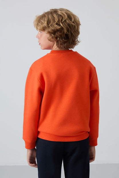 Orange Cotton Thick Fleece-Lined Soft Textured Standard Fit Embroidered Boys' Sweatshirt - 11232