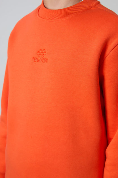 Orange Cotton Thick Fleece-Lined Soft Textured Standard Fit Embroidered Boys' Sweatshirt - 11232