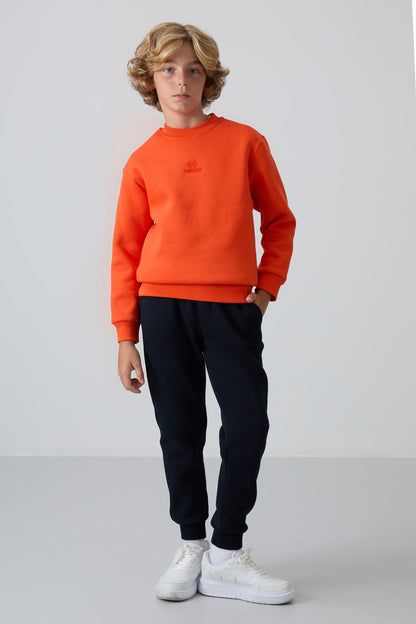 Orange Cotton Thick Fleece-Lined Soft Textured Standard Fit Embroidered Boys' Sweatshirt - 11232
