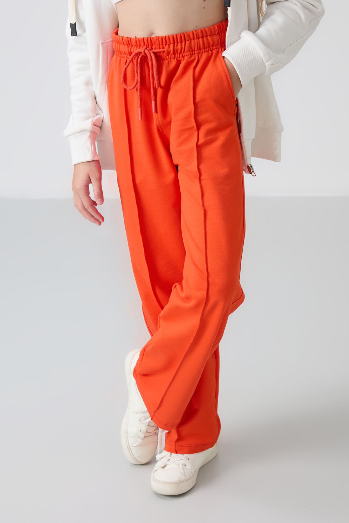 Orange Pocket Front Seam Detailed Wide Leg Girls' Tracksuit Bottom -75144
