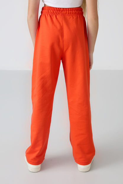 Orange Pocket Front Seam Detailed Wide Leg Girls' Tracksuit Bottom -75144