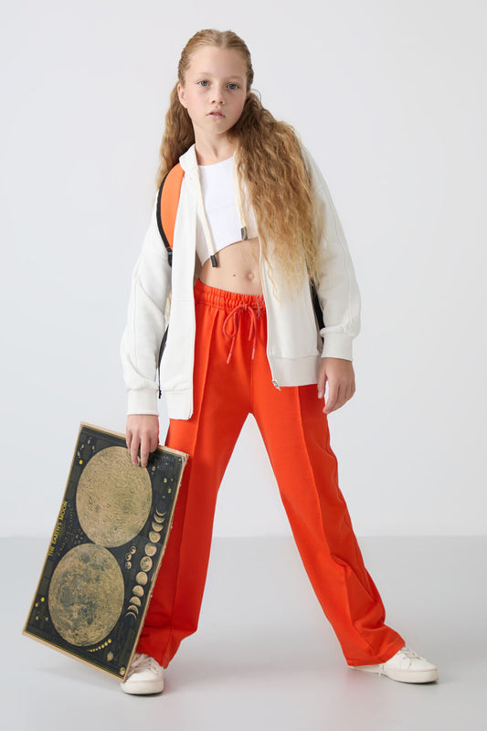 Orange Pocket Front Seam Detailed Wide Leg Girls' Tracksuit Bottom -75144
