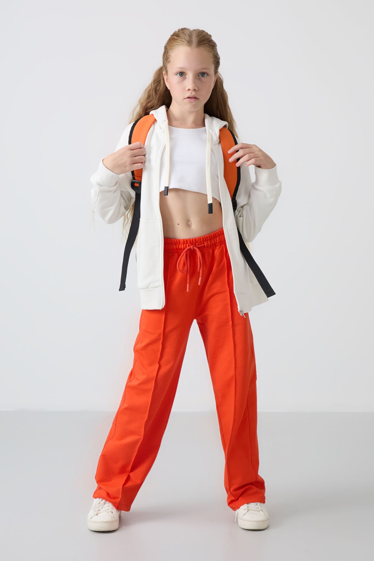 Orange Pocket Front Seam Detailed Wide Leg Girls' Tracksuit Bottom -75144