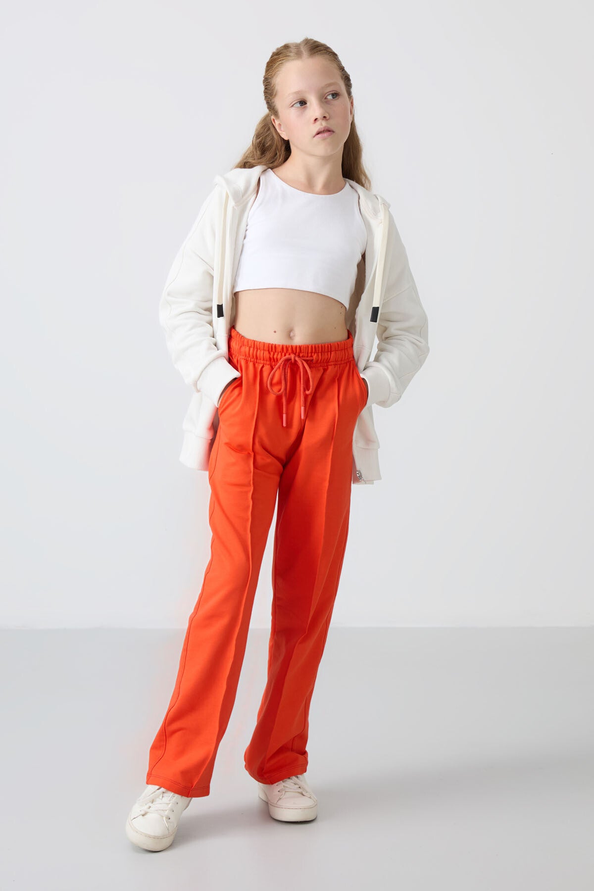 Orange Pocket Front Seam Detailed Wide Leg Girls' Tracksuit Bottom -75144