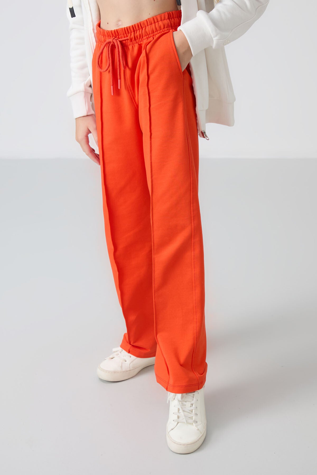 Orange Pocket Front Seam Detailed Wide Leg Girls' Tracksuit Bottom -75144