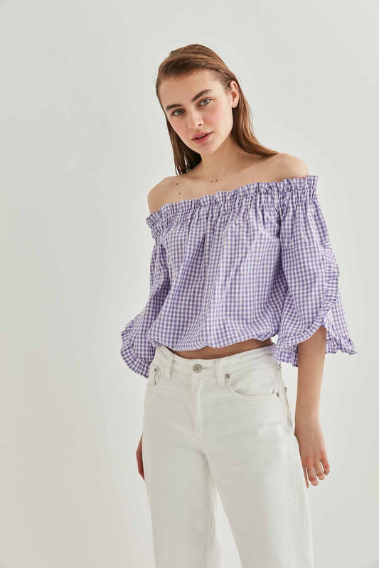 CHECKERED CARMEN COLLAR MINI BLOUSE