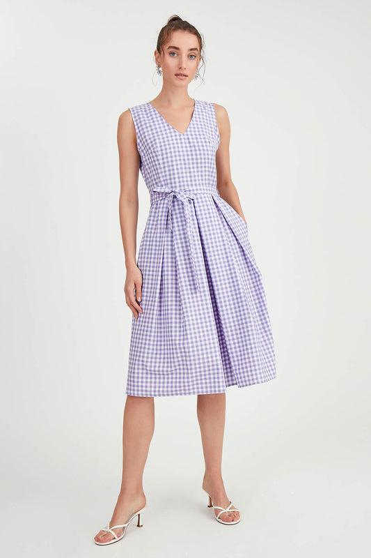 CHECKERED PATTERN BELT DRESS