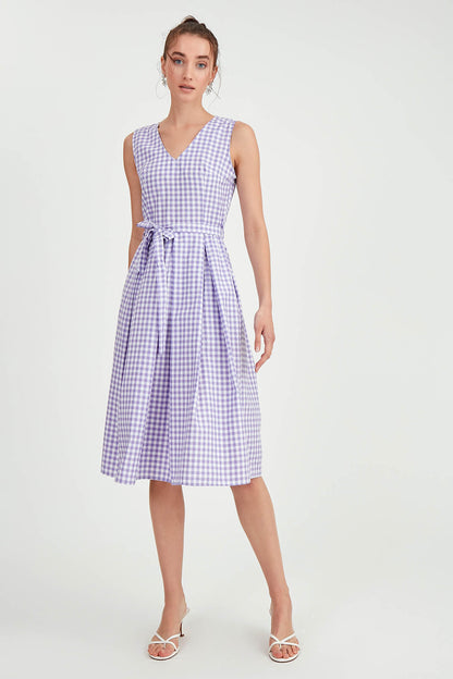 CHECKERED PATTERN BELT DRESS
