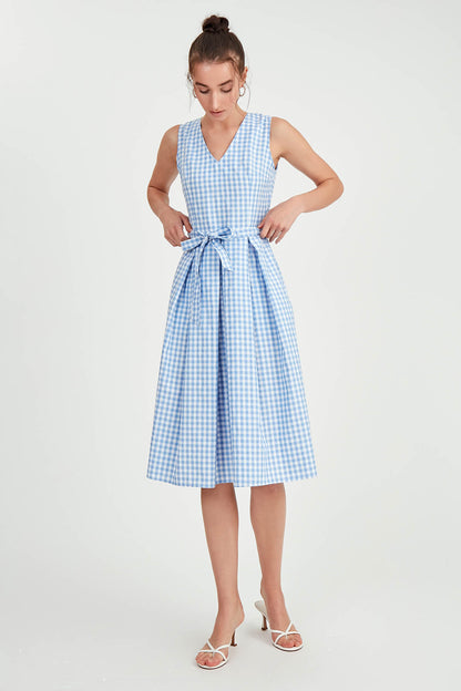 CHECKERED PATTERN BELT DRESS