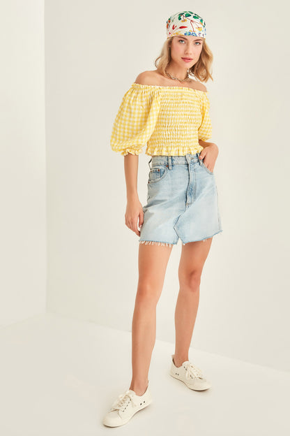 CHECKERED PATTERN COILED BLOUSE
