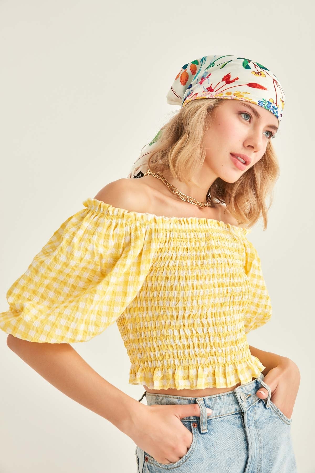 CHECKERED PATTERN COILED BLOUSE