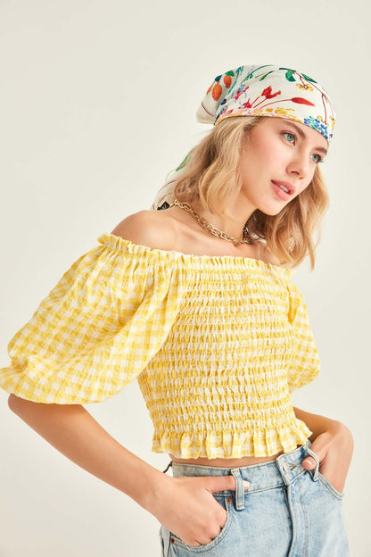 CHECKERED PATTERN COILED BLOUSE
