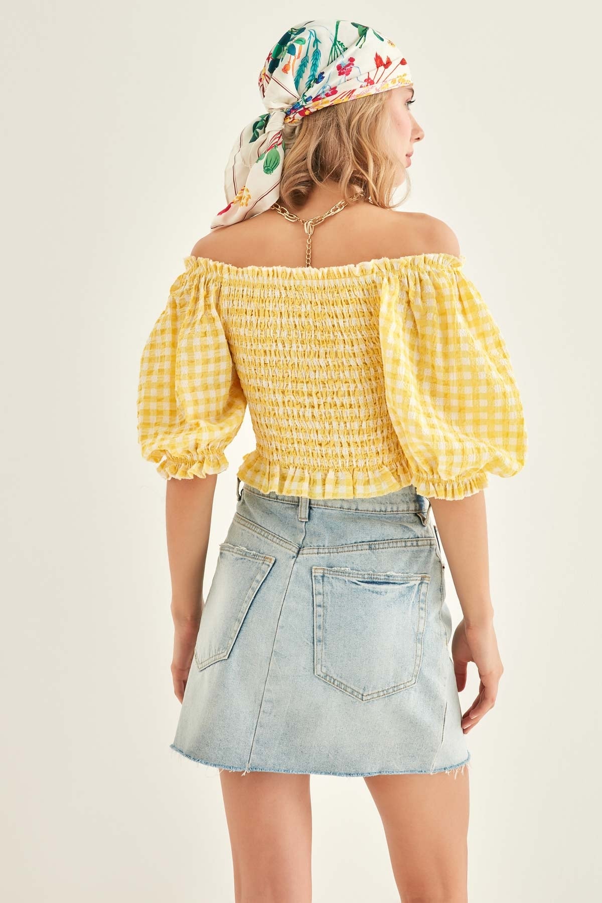 CHECKERED PATTERN COILED BLOUSE