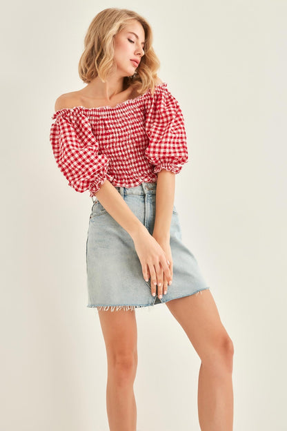 CHECKERED PATTERN COILED BLOUSE