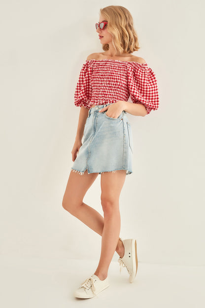 CHECKERED PATTERN COILED BLOUSE