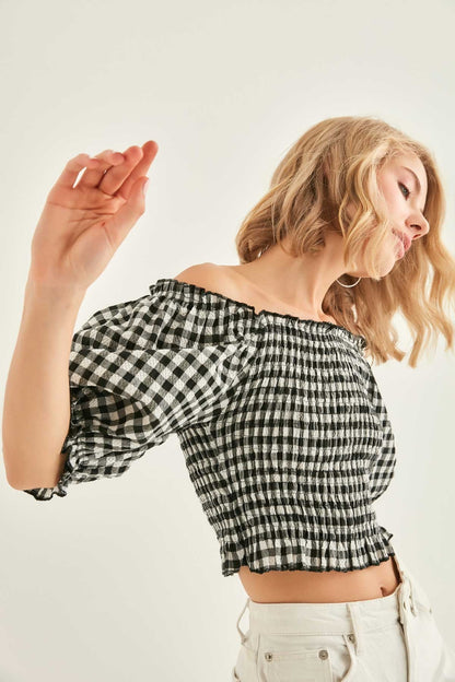 CHECKERED PATTERN COILED BLOUSE