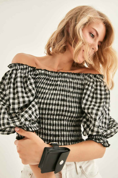 CHECKERED PATTERN COILED BLOUSE