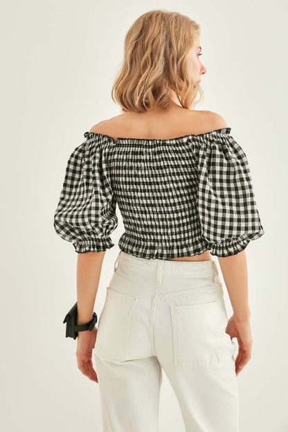 CHECKERED PATTERN COILED BLOUSE