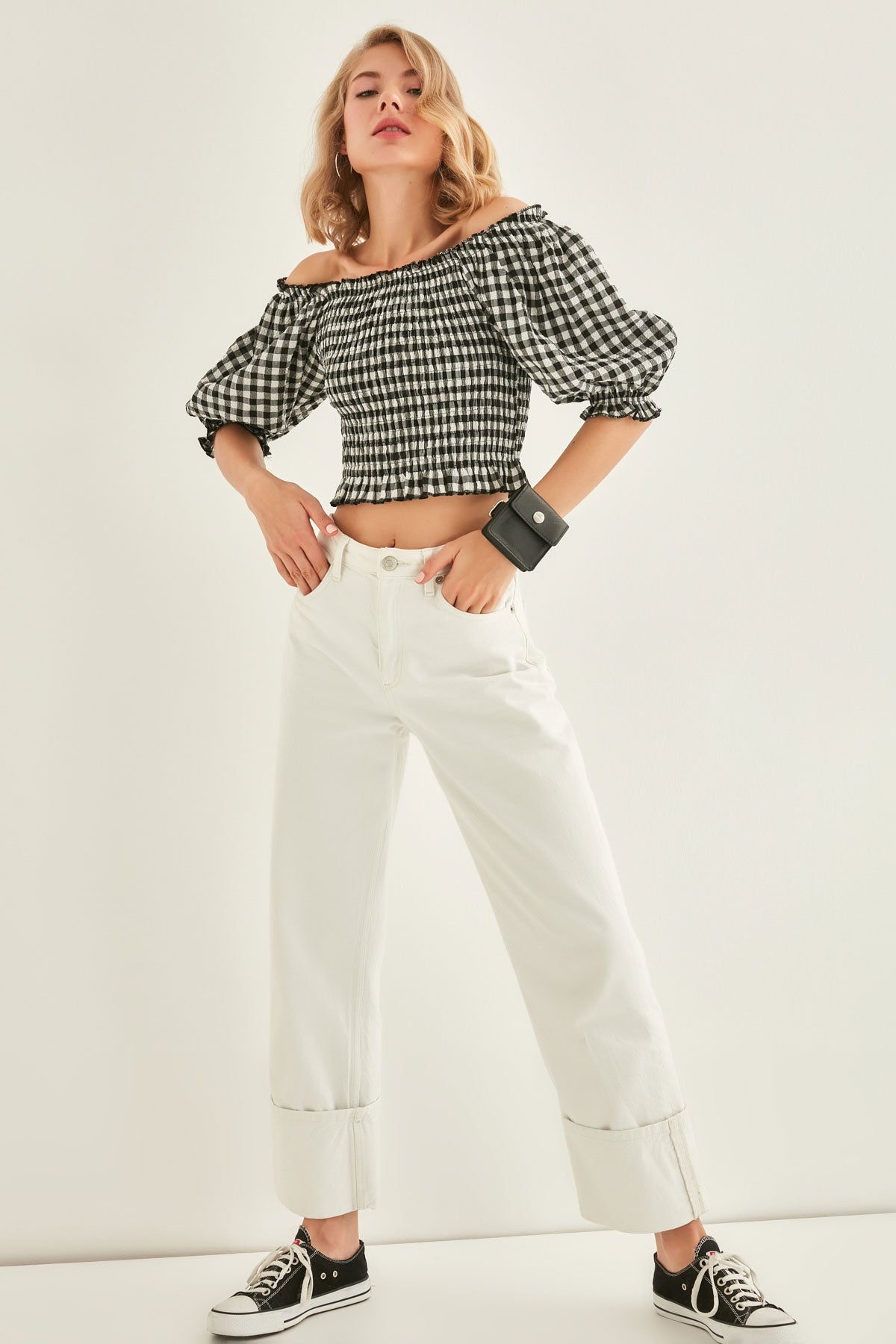 CHECKERED PATTERN COILED BLOUSE