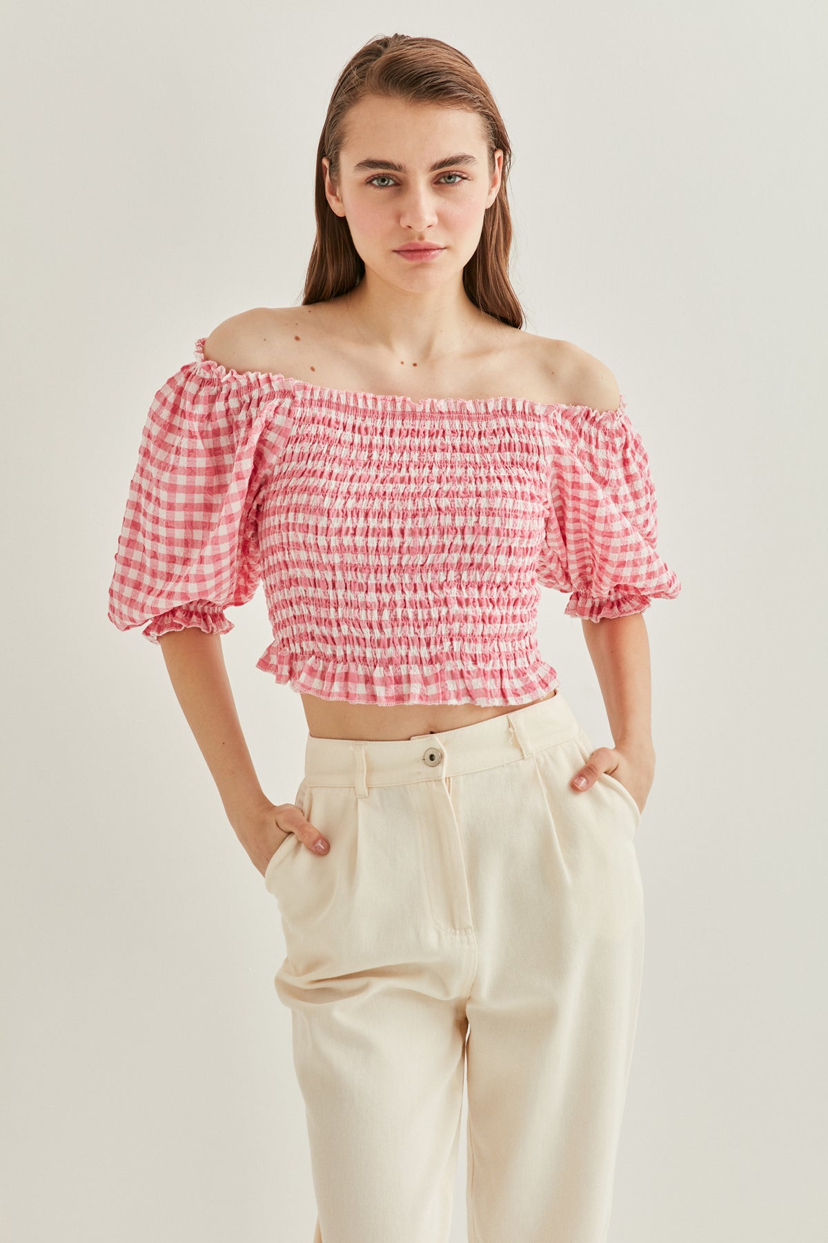 CHECKERED PATTERN COILED BLOUSE
