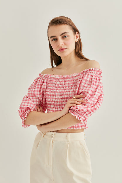 CHECKERED PATTERN COILED BLOUSE