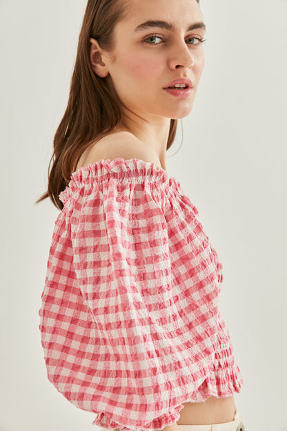 CHECKERED PATTERN COILED BLOUSE