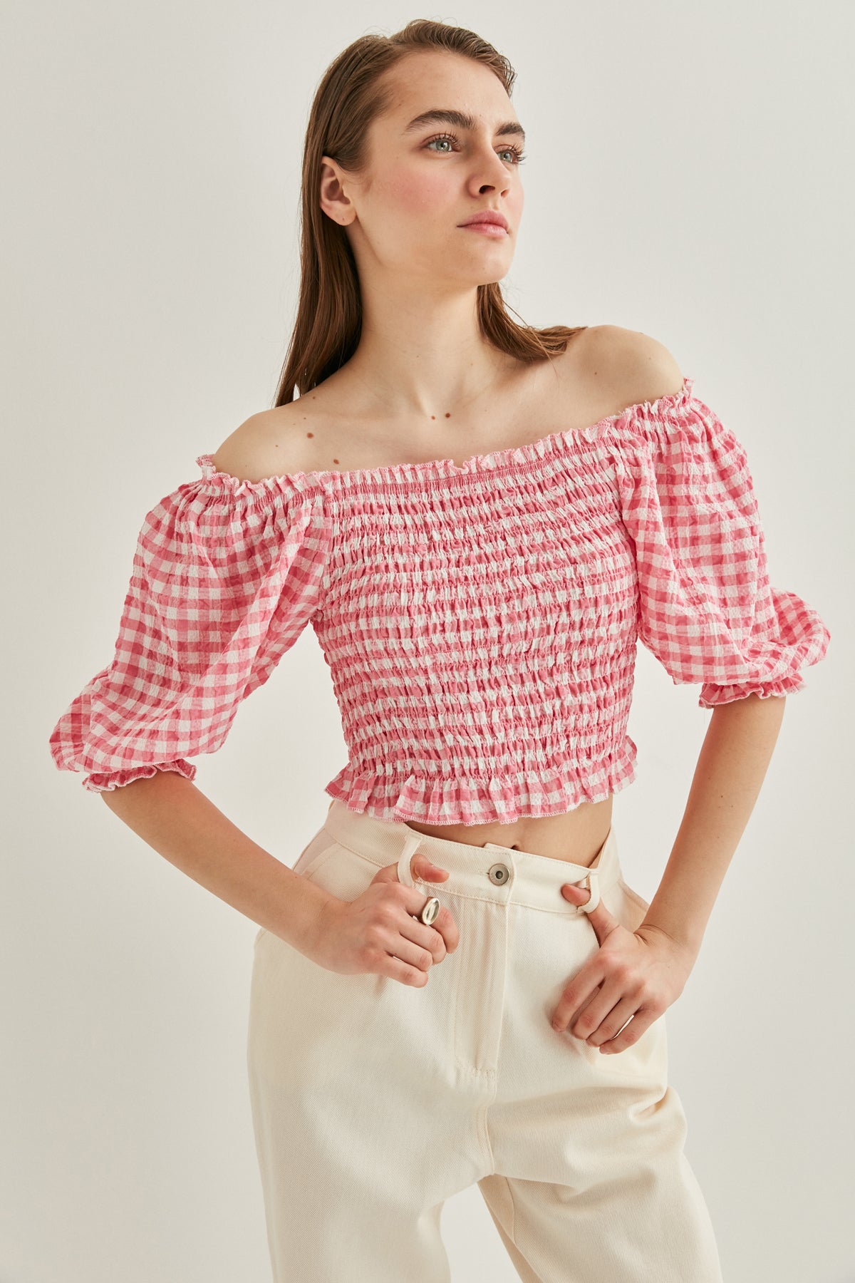 CHECKERED PATTERN COILED BLOUSE