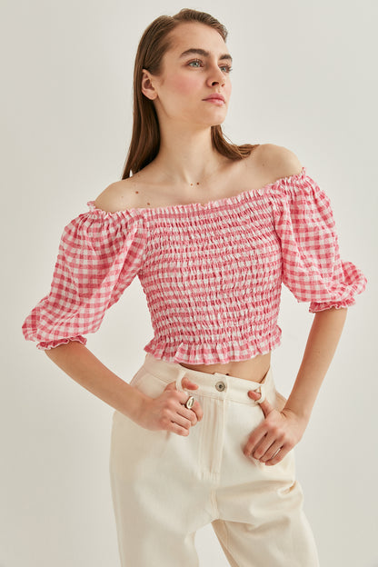 CHECKERED PATTERN COILED BLOUSE